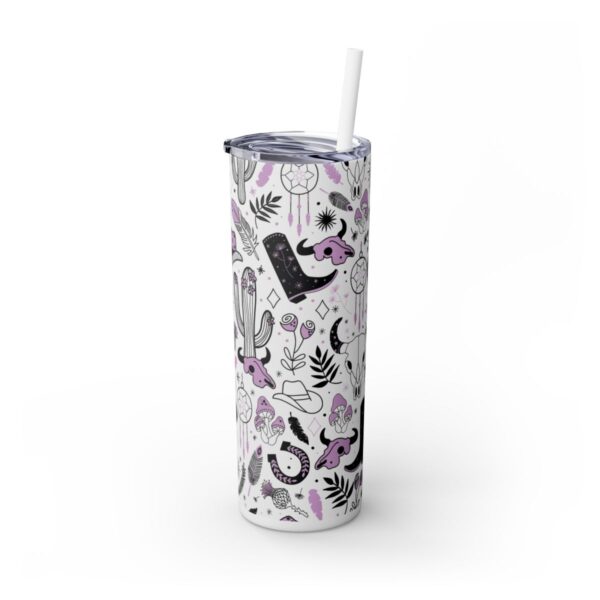 Side view of the Boho Western Vibes Skinny Tumbler, featuring a vibrant design with bull skulls, black cowgirl boots, dreamcatchers, and horseshoes in black, white, and lavender, set against a clean white background.