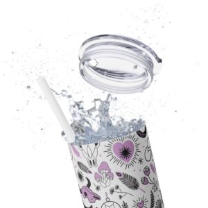 Close-up of the Boho Western Vibes Skinny Tumbler with the top off, splashing liquid. The tumbler features a bold design with bull skulls, black cowgirl boots, dreamcatchers, and horseshoes in black, white, and lavender colors.