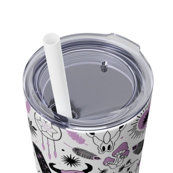 Top view of the Boho Western Vibes Skinny Tumbler on a white background, showcasing the bold design with bull skulls, black cowgirl boots, dreamcatchers, and horseshoes in black, white, and lavender colors.