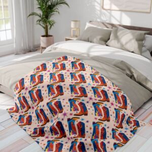 50x60 colorful cowboy boot blanket spread on a bed, featuring vibrant, eye-catching illustrations of cowboy boots in various colors, adding a playful and cozy western touch to the room.