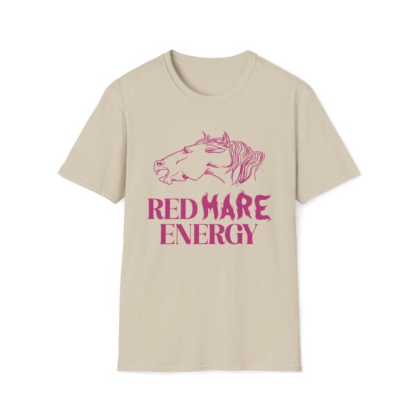 Front view of the 'Red Mare Energy' tee in sand, featuring bold flame-inspired lettering and a grumpy horse illustration, showcasing a fierce and fun design.