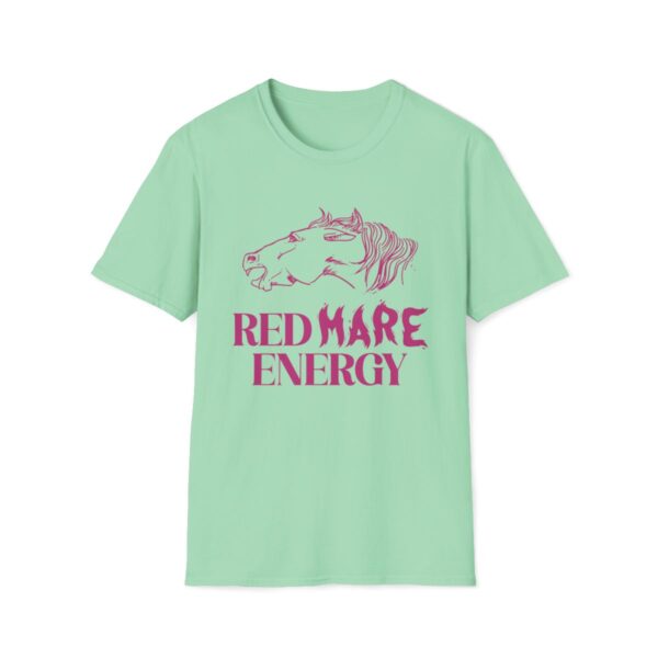 Front view of the 'Red Mare Energy' tee in mint green, featuring bold flame-inspired lettering and a grumpy horse illustration, exuding fiery attitude and fun style.