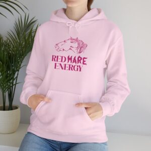 Red Mare Energy Hoodie in Pink with bold text and grumpy horse illustration, perfect for those who exude boss mare energy.