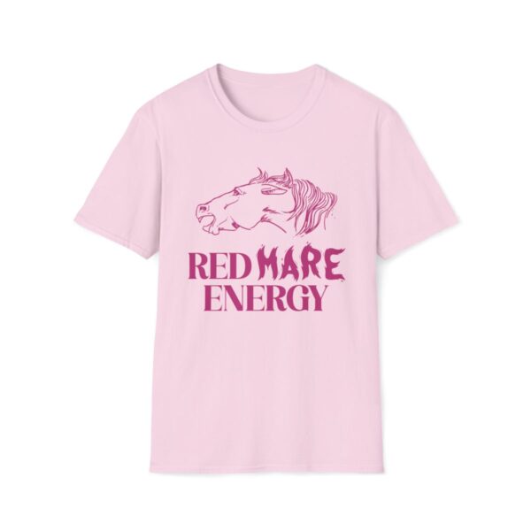 Front view of the 'Red Mare Energy' tee in pink color, featuring bold flame-inspired lettering and a grumpy horse illustration, showcasing a fierce and fun design.