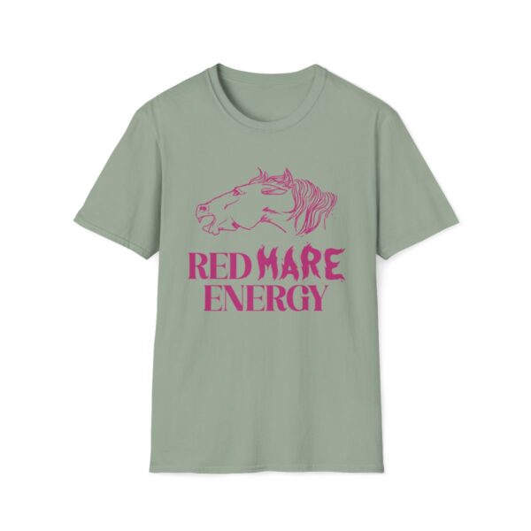 Front view of the 'Red Mare Energy' tee in sage color, featuring bold flame-inspired lettering and a grumpy horse illustration, showcasing a fierce and fun design.