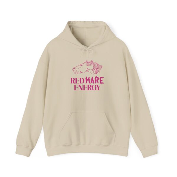 Red Mare Energy Hoodie in Sand featuring bold red text and a grumpy horse illustration, perfect for the bossy mare with attitude.