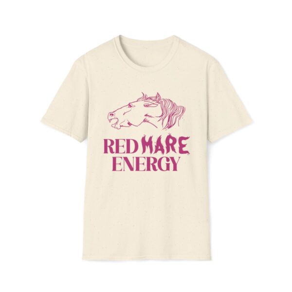 Front view of the 'Red Mare Energy' tee in natural color, featuring bold flame-inspired lettering and a grumpy horse illustration, showcasing a fierce and fun design.